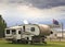 Large cruiser caravan parked in Temora campground, beside the aerodrome.