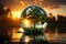 A large crystal ball with green plants inside on the water in the rays of the sunset. Save the environment. Earth Day concept