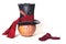 Large cylindrical hat on orange pumpkin. Near gloves