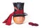 Large cylindrical hat on orange pumpkin. Near gloves