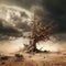 A large dead tree in the middle of a barren desert creates a frightening atmosphere. Illustration, Generative AI