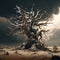 A large dead tree in the middle of a barren desert creates a frightening atmosphere. Illustration, Generative AI