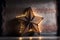 Large decorative retro star with lots of burning lights on grunge concrete background. Beautiful decor, modern design element. The