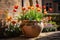 A large decorative terracotta pot with red and yellow Tulips