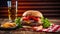 A large, delicious burger on a plate, fries and a drink in a patriotic cafe, against the backdrop of the American flag.