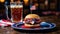 A large, delicious burger on a plate, fries and a drink in a patriotic cafe, against the backdrop of the American flag.