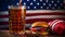 A large, delicious burger on a plate, fries and a drink in a patriotic cafe, against the backdrop of the American flag.