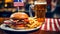 A large, delicious burger on a plate, fries and a drink in a patriotic cafe, against the backdrop of the American flag.