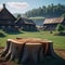 Large detailed scenic wooden stump on a food farm, with a cozy village in the background