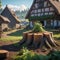 Large detailed scenic wooden stump on a food farm, with a cozy village in the background