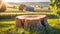 Large detailed scenic wooden stump on a food farm, with a cozy village in the background