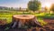 Large detailed scenic wooden stump on a food farm, with a cozy village in the background