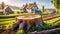 Large detailed scenic wooden stump on a food farm, with a cozy village in the background