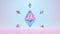 A large diamond Ethereum rotates surrounded by small Ethereums. Logo. Cryptocurrency. Blue pink color. 3d Illustration