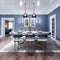 Large dining and dining room table, with a kitchen in a fashionable modern design, wooden furniture, interior in brown and blue