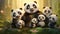 Large diverse family of cute fluffy pandas of different ages in bamboo forest in a clearing sitting peacefully together