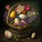 Large Easter basket with eggs and beautiful flowers. Generative AI