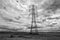 Large electricity pylon with pylons in the distance in a field of corn stubble - black & white