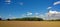 Large electricity pylons and wires running though a flat sunlit wheat field with blue sunlit sky