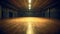 Large empty dance hall or sports hall with wooden floor and dim ceiling lights. Dark commercial space, Generative AI