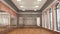 Large empty hall with wooden floors, brick walls, large windows and mirrors. Dance studio.