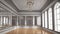 Large empty hall with wooden floors, large windows and mirrors. Dance studio.