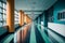A large empty hospital hall with blue and orange colors, Generative AI