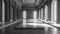 A large empty room with a white floor and windows, AI