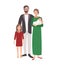 Large european or caucasian family. Father, mother holding baby and teenage daughter standing together. Funny flat