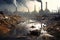 Large Factory Emitting Smoke From Stacks, Industrial landscape featuring a polluted river, depicting environmental disaster, AI