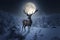 Large fairytale deer stands in a winter landscape. The antlers hold a big full moon on a starry night