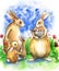 A large family of rabbits stands in a summer glade. Mom holds the newborn rabbit in her arms. Dad with two older children are