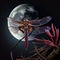 Large fantastic dragonfly with red eyes against background of huge moon, an unusual fairy tale illustration