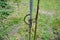 Large fence with wire mesh and barbed wire a chain and a padlock. Grassland, meadow construction site background