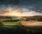 A large field with a house in the distance. AI generative image.