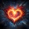 Large fiery flaming heart on a dark background. Heart as a symbol of affection and