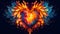 Large fiery flaming heart on a dark blue background