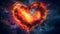 Large fiery flaming heart on a dark blue background