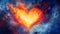 Large fiery flaming heart on a dark blue background