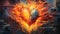 Large fiery flaming heart on a dark blue background