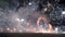 Large firework sparks burning at night fire show. Slow motion