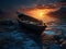 large fishing boat stranded on a beach at sunset