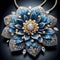 Large flower pendant, blue and yellow diamonds, sparkling.