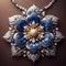 Large flower pendant, blue and yellow diamonds, sparkling.