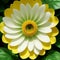 Large flower with white petals and a yellow center on green leaves. Generative AI