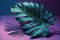 A large fresh palm leaf on a duotone purple-violet-blue. Illustration AI Generative