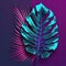 A large fresh palm leaf on a duotone purple-violet-blue. Illustration AI Generative