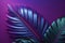 A large fresh palm leaf on a duotone purple-violet-blue. Illustration AI Generative