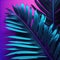 A large fresh palm leaf on a duotone purple-violet-blue. Illustration AI Generative