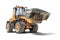 A large front loader transports crushed stone or gravel in a bucket at a construction site. Transportation of bulk materials.